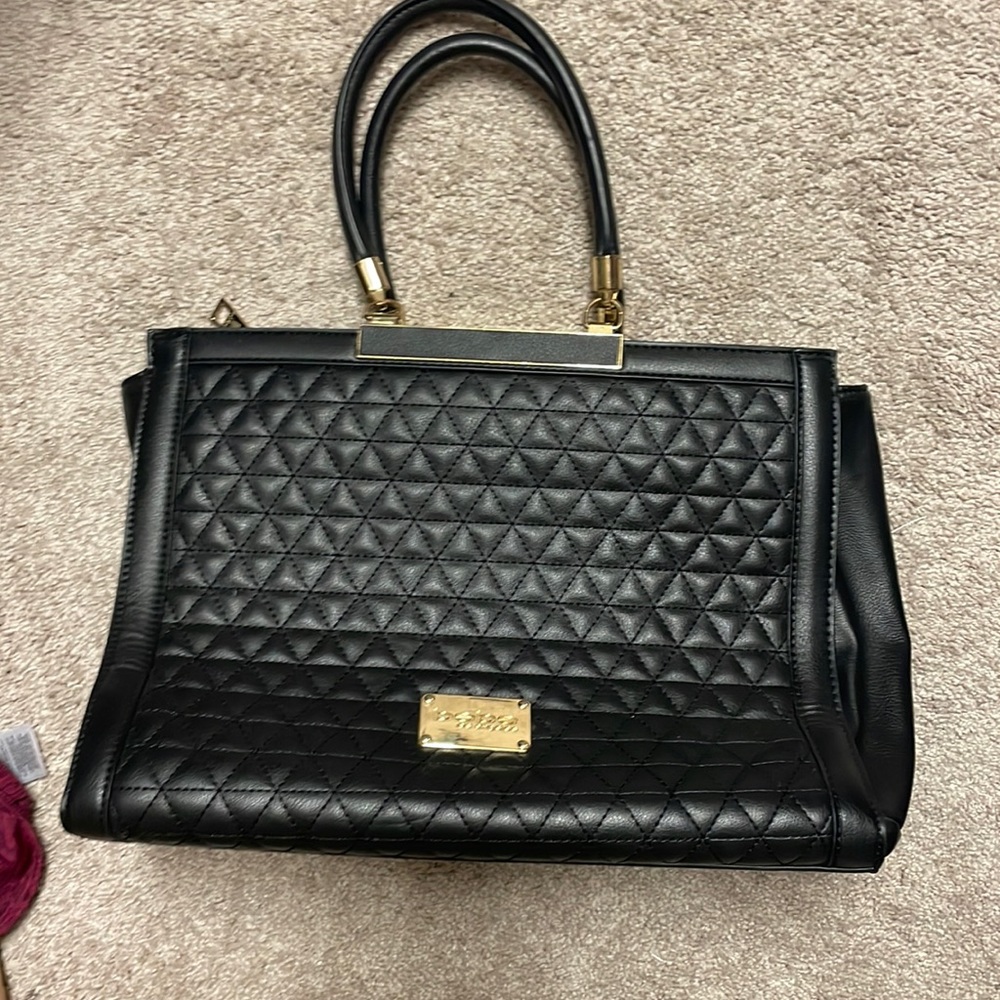 NWOT BEBE Black Faux Leather Quilted Handbag Purse w/Gold Hardware